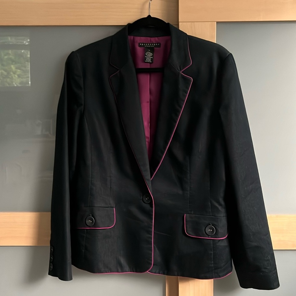 Charcoal Black blazer with purple lining apostrophe stretch jacket size 14